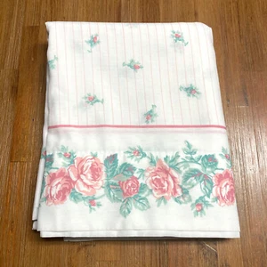 Vintage STEVENS Country Roses Pink White Stripes Floral No Iron FULL Flat Sheet - Picture 1 of 8