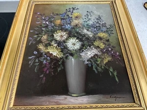 Blumenvase Oli Gemälde signiert Wagner. Vergoldeter Rahmen um 1980 - Bild 1 von 13