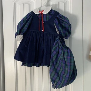 VINTAGE VEE'S VICTORIANS DOLL DRESS LONG SLEEVE PLAID PINAFORE WITH BLOOMERS - Picture 1 of 9