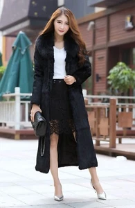 Women's Long Coat Fur Outwear Rabbit Fur Coat with Big Fox Fur Collar Fur Jacket - Picture 1 of 8