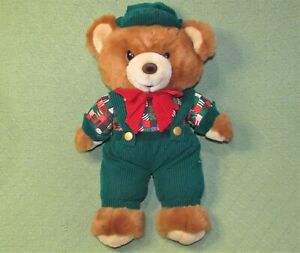 16" VINTAGE HUMFREY TEDDY BEAR PLUSH STUFFED MTY TOY GREEN OVERALLS CAP RED BOW