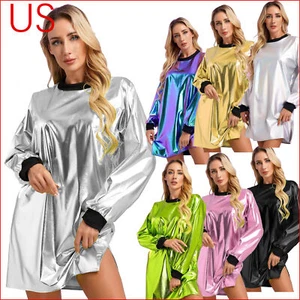 Women Shiny Metallic Holographic Round Neck Long Sleeve Bodycon Club Mini Dress - Picture 1 of 71