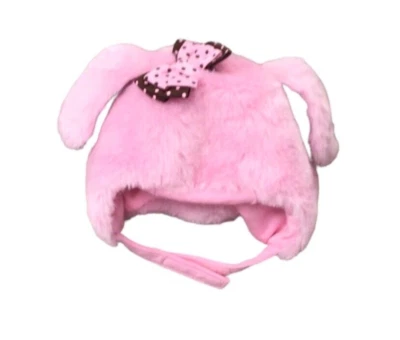 Gymboree 波尔卡圆点小狗粉红色人造毛皮狗带弓捕手帽子尺寸 0-3 MON 全新无标签 — 第 1/3 张图片