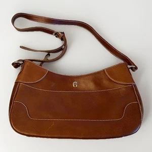 Etienne Aigner Handbag Shoulder Crossbody Brown Leather White Stitch Adj Strap - Picture 1 of 16