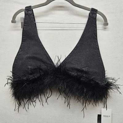Forever 21 Halter Top Women's Size Large Black Denim With Feathers V-Neck Shirt - Image 1 of 4