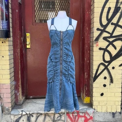 Marithe Francois Girbaud Denim Bustier Midi Dress: Y2K Boho Halter Top, Size L - Image 1 of 4