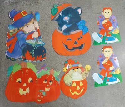 批量 6 件 复古 Flocked 万圣节 模切墙装饰 猫南瓜 怪物 猫头鹰 女巫 — 第 1/4 张图片