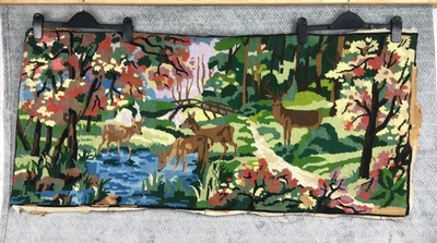 Vintage Tapisserie Cerfs de Forêt Rivière Nature Automne France 110x50cm Terminé - Photo 1/4