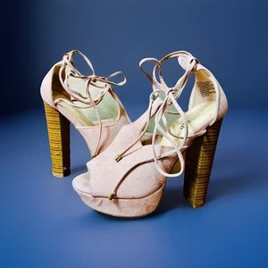 JustFab "Nylia" rosa Wildlederimitat T-Riemen Gladiator Plateau Absatz Sandalen 5,5 - Bild 1 von 7