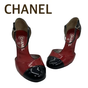 CHANEL Coco Mark Two-Tone Ankle Strap Pumps Patent Leather 37.5 126150K Authen - Picture 1 of 9
