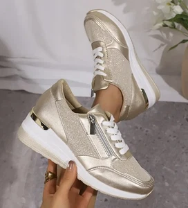Women'S Golden Lace-Up Sneakers, Low-Top Casual Breathable Slip-On Shoes - Picture 1 of 7