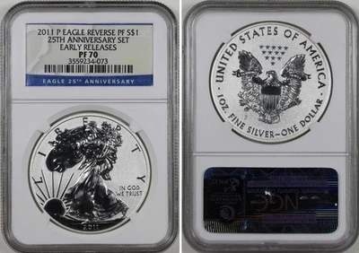 2011-P РЕВЕРСИВНЫЙ ПРУФ Серебряный Орел NGC PF70 РАННИЕ ВЫПУСКИ 25-й Юбилейный Набор - Изображение 1 из 3