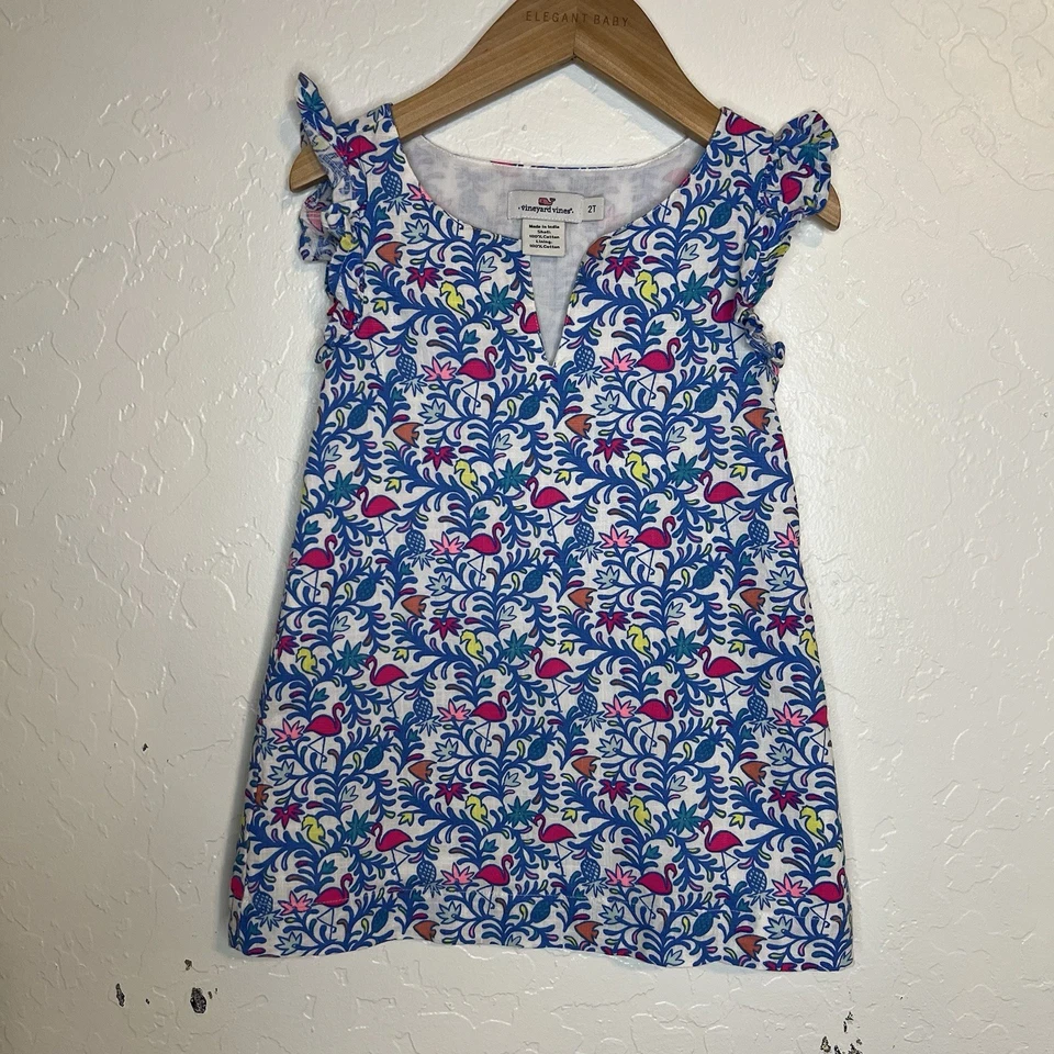 Vineyard Vines Shift Dress Toddler Size 2 Flamingo Blue Pink Ruffles Preppy - Image 1 of 4