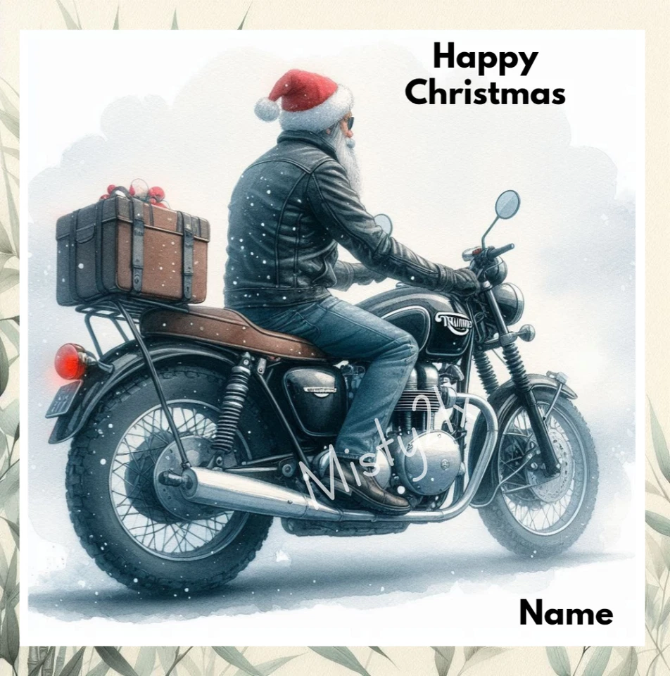 MISTY21X Personalised TRIUMPH Christmas Greeting Card BONNEVILLE Motorbike Santa Hat Snow