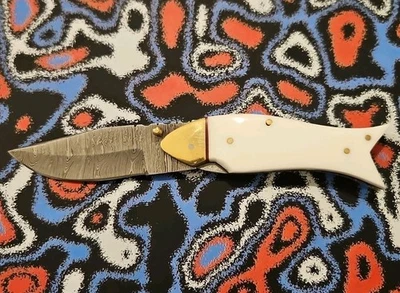 Rare Fish Damascus Folding Pocket Knife w/ Leather Sheath  - Image 1 of 4
