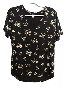 New Old Navy Luxe Womens Top Medium Black Floral V-Neck Short Sleeve T-Shirt - Picture 1 of 9