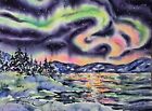 Aquarelle originale aurores boréales art Alaska paysage art 11"x15"