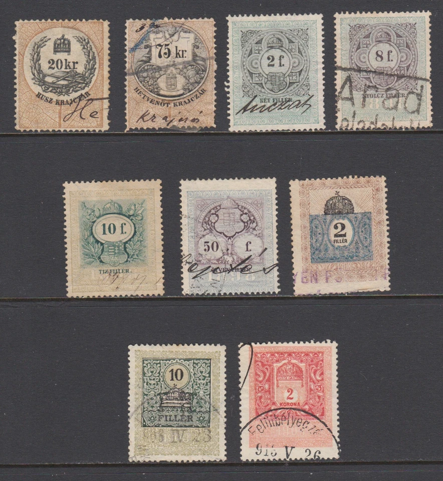 Hungary, Bft 86/312 used. 1880-1908 General Duty Revenues, 9 diff, sound, F-VF - Image 1 of 1