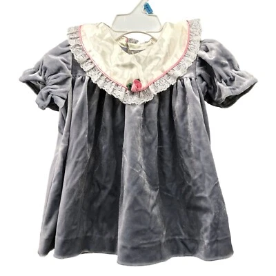 Vintage Baby Girls 18M Velvet Dress Bib Lace Collar Short Sleeve Gray 80s - Image 1 of 4