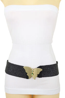 Women Black Stretch Strap Work School Belt Gold Metal Butterfly Buckle Size S M - Image 1 of 4