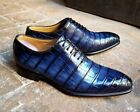 Handcrafted Men's New Blue Alligator Leather Texture Shaded Toe Lace Up Shoe Men