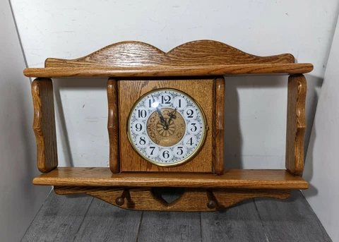 Vintage Rustic Country Oak Wood Wall Clock w Coat Hangers/Hooks Shelf Curio Cover
