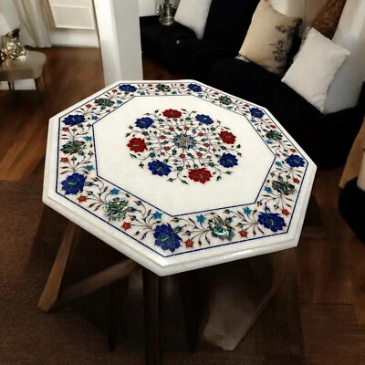 Buy White Marble Sofa Center Table Handcrafted Carnelian with Lapis Inlay Stone - Image 1 of 4