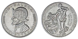 1 SILVER BALBOA / PLATA. PANAMÁ, 1953. VASCO NÚÑEZ. 50 ANIVERSARIO. AU / SC-. - Imagen 1 de 1