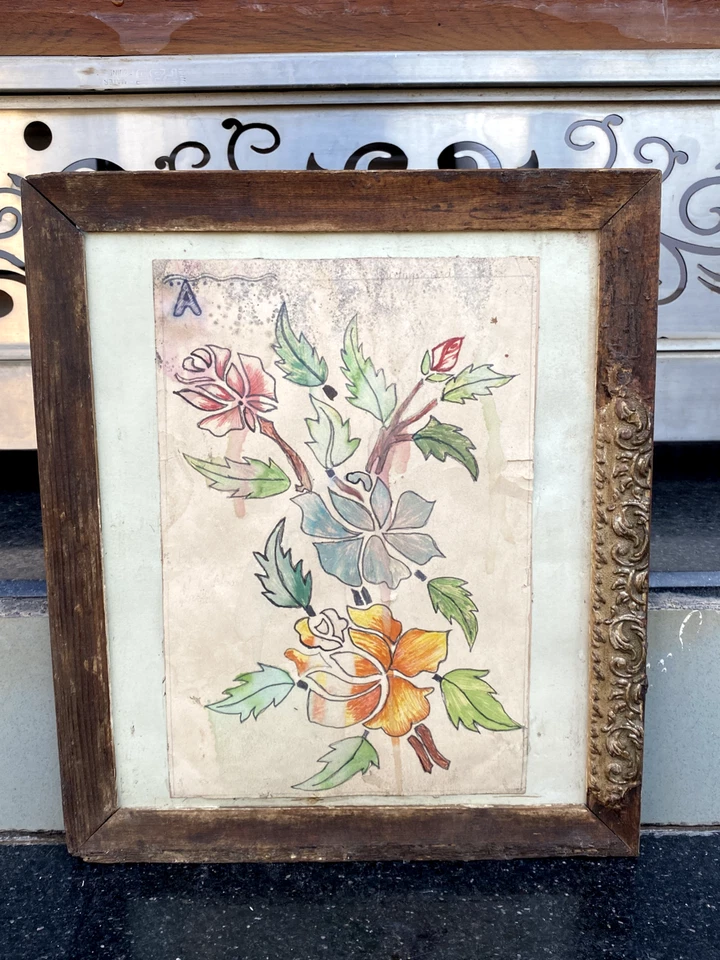 Antique Old Water Color Painting Of Flower Leaves Beautiful Painting Famed - Image 1 of 4
