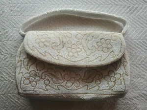 Vintage Handmade France Silver White Beaded Purse Wedding Clutch 8.75 x 5.75" - Picture 1 of 5