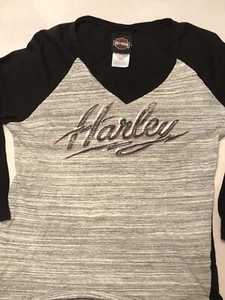 Harley Davidson Old Glory Graphic Womens T-Shirt Sz Med. 3/4 Sleeve Grey/Black - Picture 1 of 3