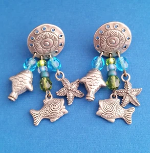 Antiqued Silver Tone Ocean Earrings Fish Starfish Charm Aqua Green Beads Boho - Picture 1 of 4
