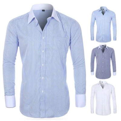 Men's Dress Shirts French Cuff White Collar Formal Business Camisas Slim Shirts - Image 1 of 4