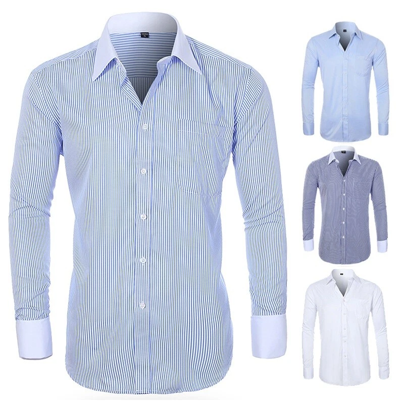 Men's Dress Shirts French Cuff White Collar Formal Business Camisas Slim Shirts - Image 1 of 4