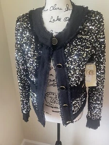 By Anthropologie kurze Jacke schwarz silber Pailletten gefüttert mit Knopffransen Neu mit Etikett XS - Bild 1 von 8