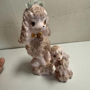 Pink Spaghetti Poodle and Pup Set Ceramic Japan Sugar Texture 1950s - Picture 1 of 18