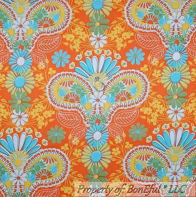 Tecido BonEful FQ Colcha de Algodão Vintage Laranja Azul Aqua Paisley Hippie Flor Damasco - Imagem 1 de 4