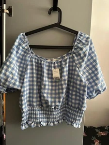 George Blue Gingham Peplum Top with Puff Sleeves - Light and Summery UK 16 - Picture 1 of 10