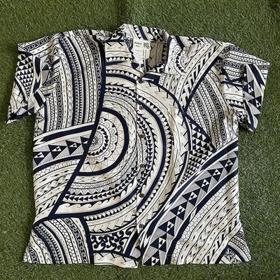 Makani Hawaiian Shirt Tribal Print Blue White Mens Size L Oversized Fit Fits XL - Image 1 of 4