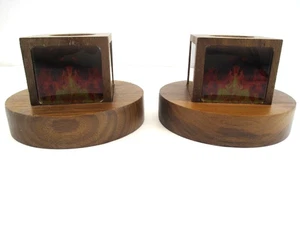 Candlestick Holders (2) Vtg Mid Century Modern Wood Brown Short Square Fire - Picture 1 of 9