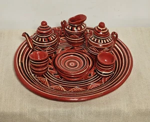 Vintage Small Hand Painted Red Black Mexican Ceramic Tea Set - Picture 1 of 4