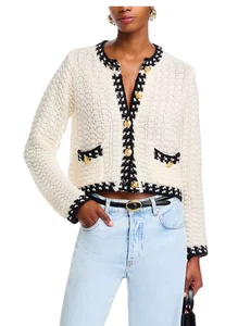 AQUA Basketweave Crewneck Cardigan Sweater – Ivory, Size L (NWT)  - Picture 1 of 8