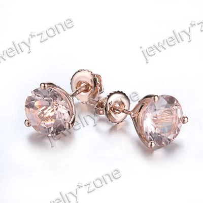 7mm Round Gemstone Morganite Earrings Solid 10K Rose Gold Stud Semi Mountting - Image 1 of 4