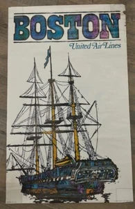 UNITED AIRLINES BOSTON - By JEBAVY Art Vintage Travel poster 1968 25x40 - Picture 1 of 10