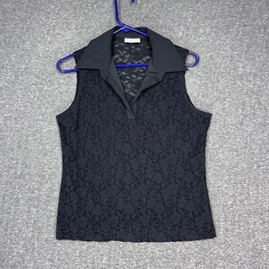 Y2K Ninety Sleeveless Black Lace Sheer Collared Blouse Stretch Womens L USA Made - Picture 1 of 10