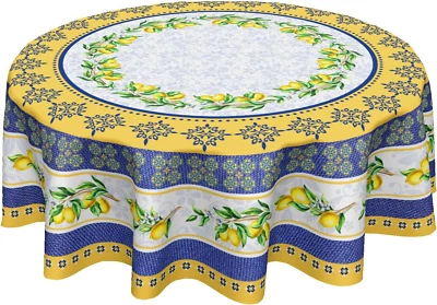 Lemon Tablecloth round 60 Inch Summer Fruit Blue and Yellow Table Cloth Circular