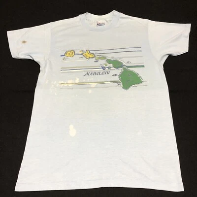 Vintage 80’s Hawaii Aloha Land Map Baby Blue T-Shirt Mens Small Single Stitch - Image 1 of 4