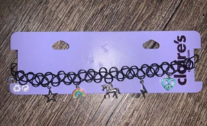 Claire’s Black Stretch necklace choker Unicorn Peace Heart Rainbow Charm Jewelry - Picture 1 of 6