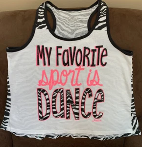 JUSTICE TANK TOP MY FAVORITE SPORT IS DANCE SIZE 16 SWING SHIMMERING ZEBRA CUTE! - Picture 1 of 3