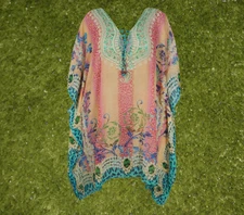 Womens Kaftan Travel Dress, Knee Length Peach Print Beach Caftan Dress L-2XL